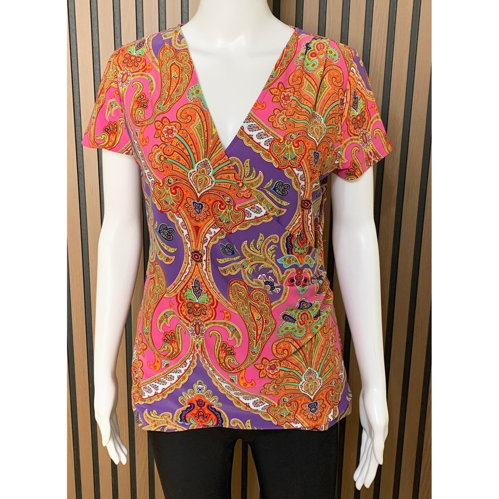 Lauren Ralph Lauren Women's Pink Purple Paisley Surplice V-Neck Top M Classic